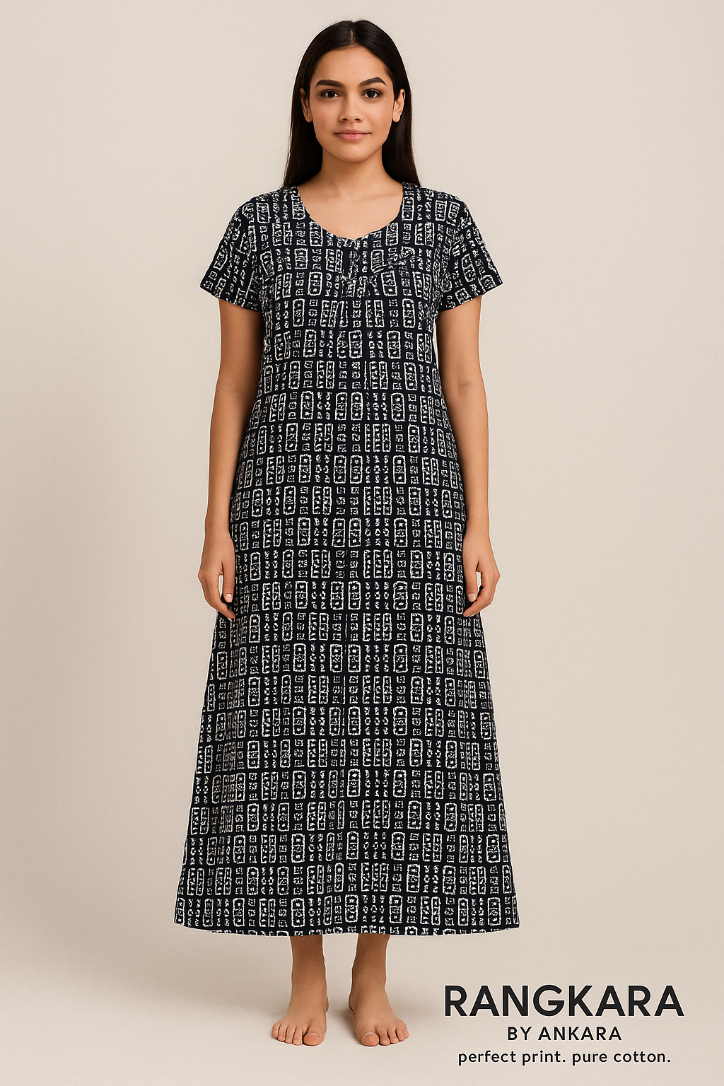 Woman wearing Midnight Grid Cotton Nighty – free size, pure cotton, batik-inspired monochrome print by Rangkara by Ankara.