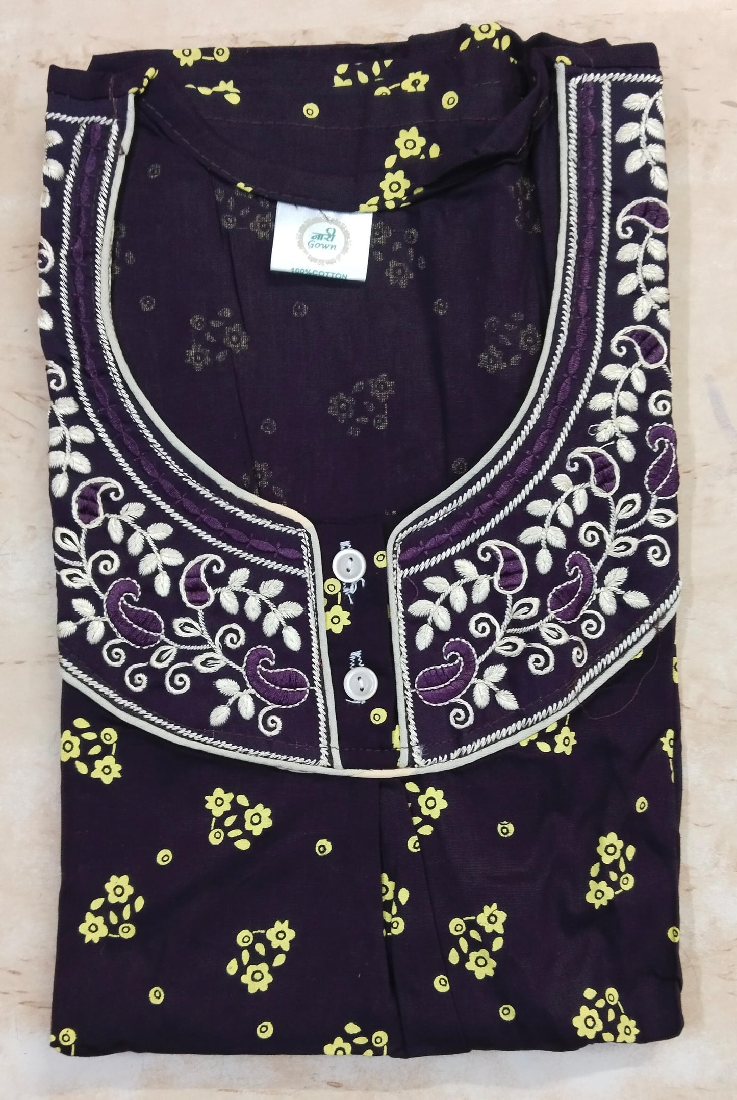 Rangkara by Ankara – Deep Violet Cotton Nighty with White & Purple Embroidery