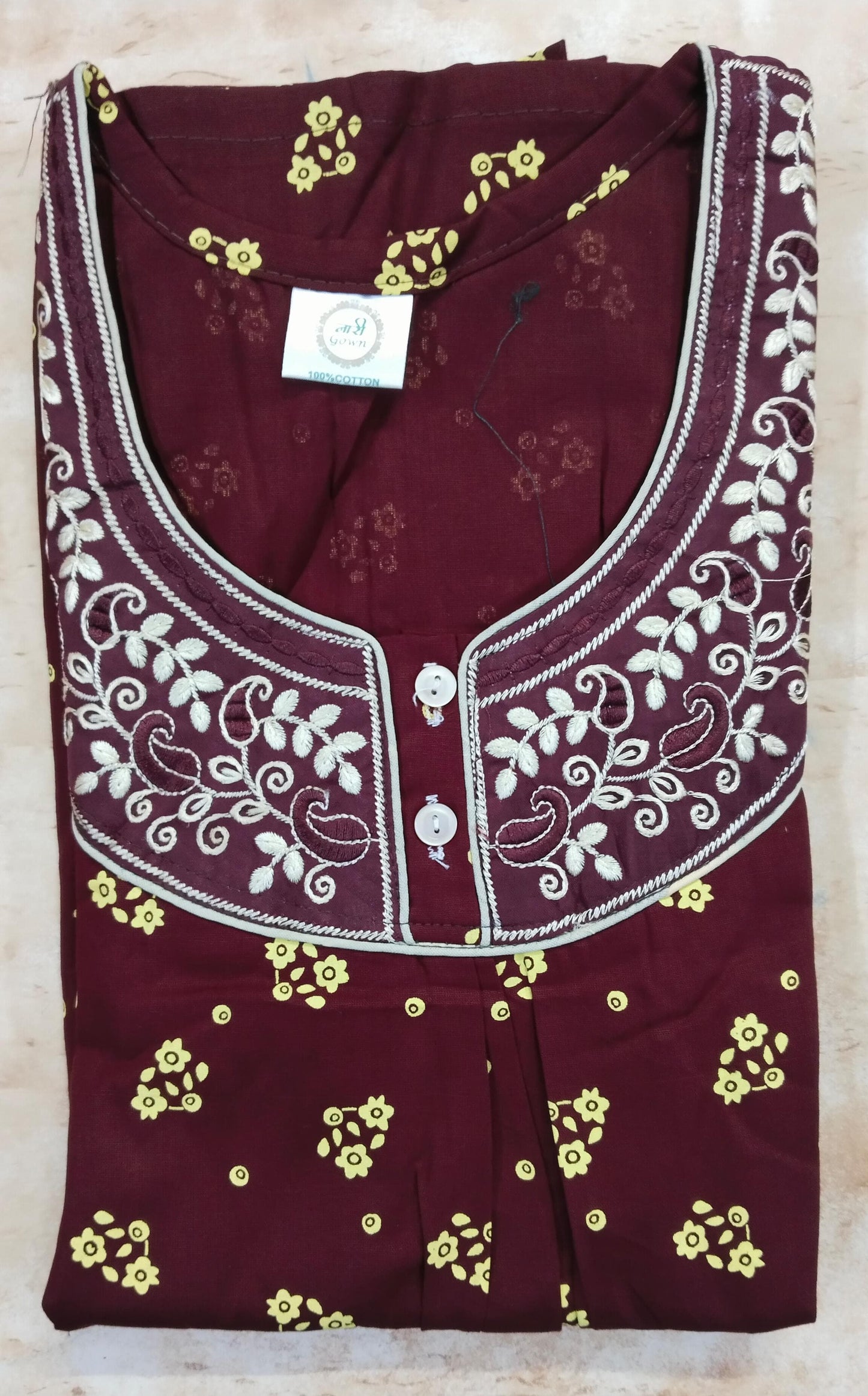 Rangkara by Ankara – Maroon Cotton Nighty with Embroidered Neck