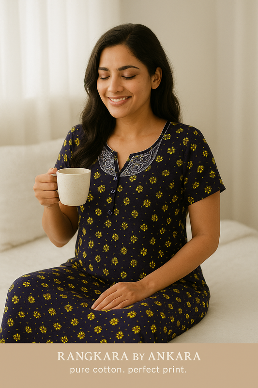 Rangkara by Ankara – Deep Violet Cotton Nighty with White & Purple Embroidery