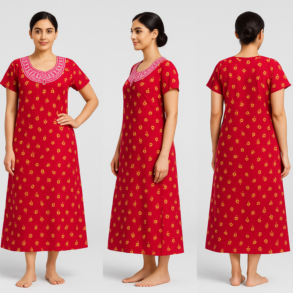 Rangkara Red Blossom Cotton Nighty – Pink Embroidery | Free Size