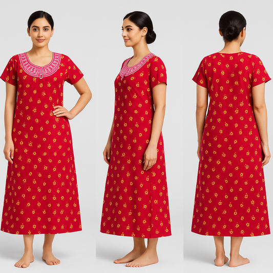 Rangkara Red Blossom Cotton Nighty – Pink Embroidery | Free Size