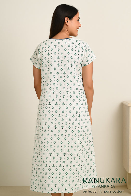 SnowFlora Green Cotton Nighty – Free Size | Rangkara by Ankara