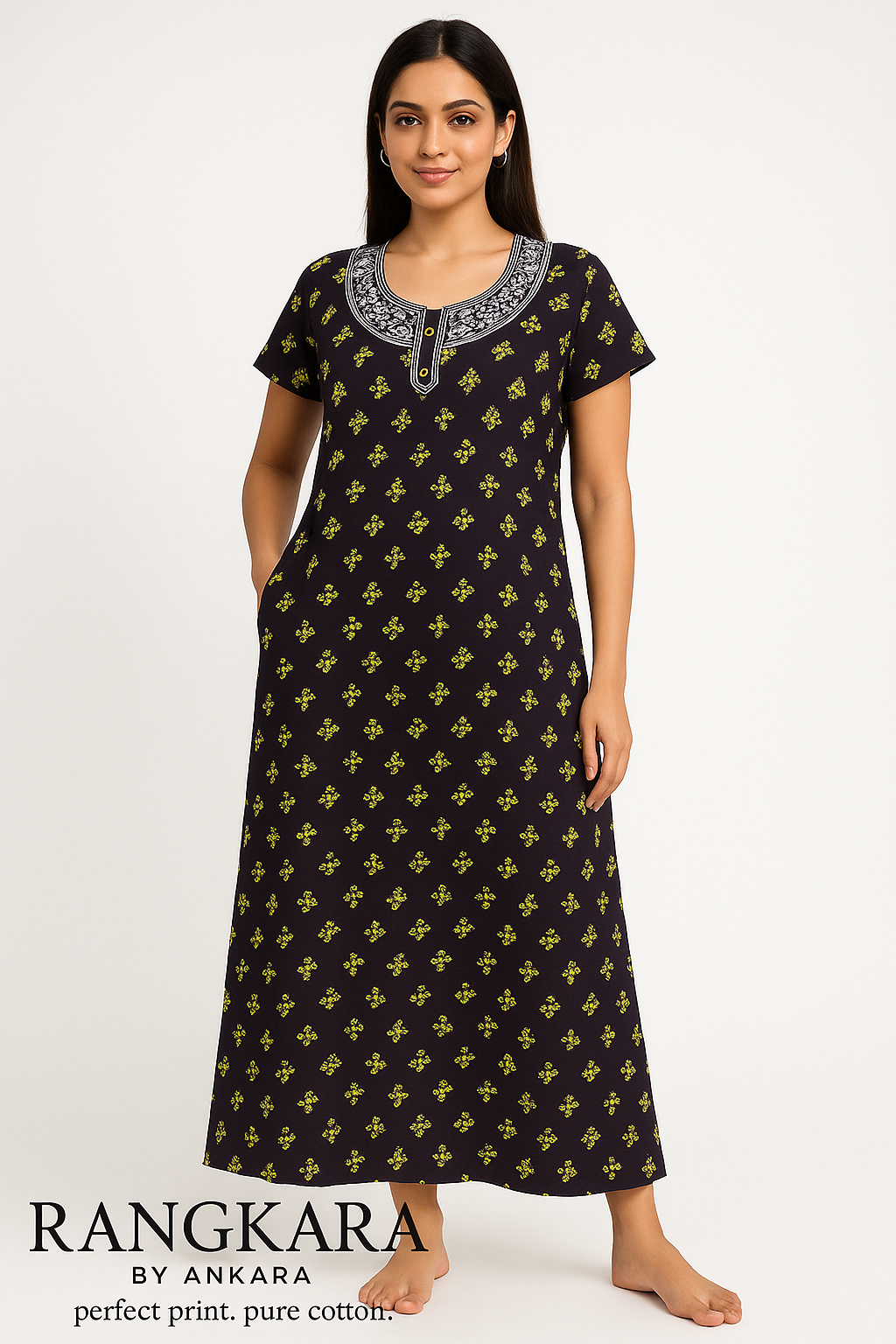 Rangkara by Ankara – Deep Violet Cotton Nighty with White & Purple Embroidery