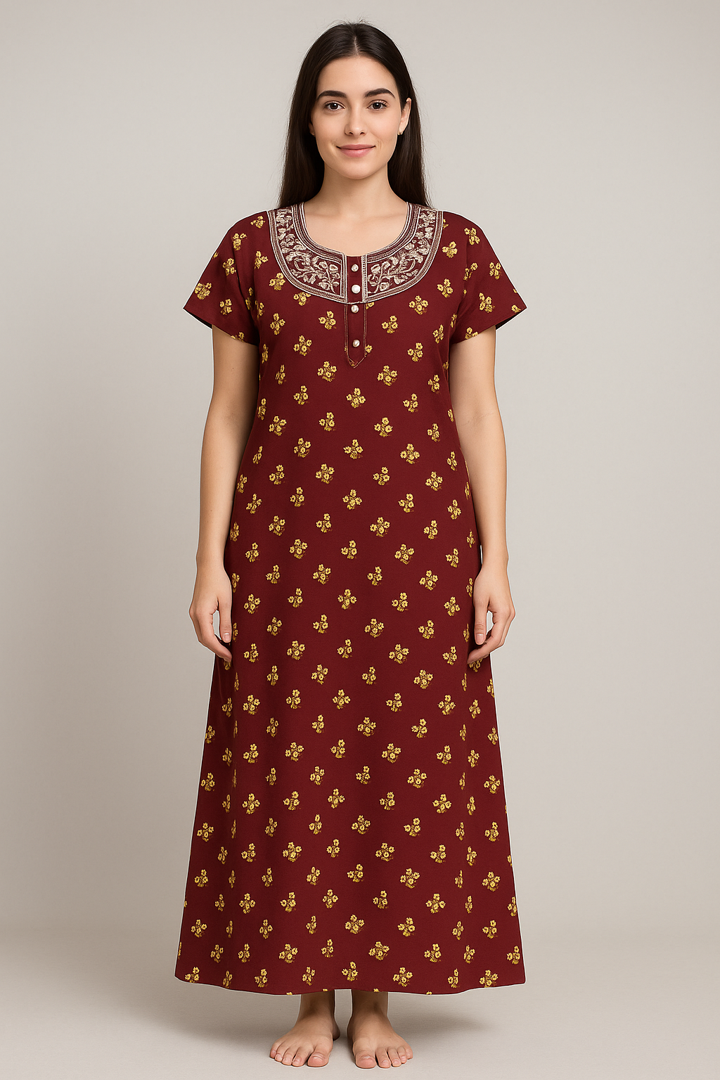 Rangkara by Ankara – Maroon Cotton Nighty with Embroidered Neck